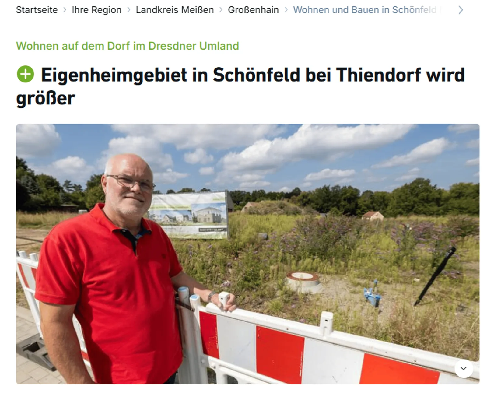 Beitrag der Sächsischen Zeitung: Eigenheimgebiet in Schönfeld bei Thiendorf wird größer