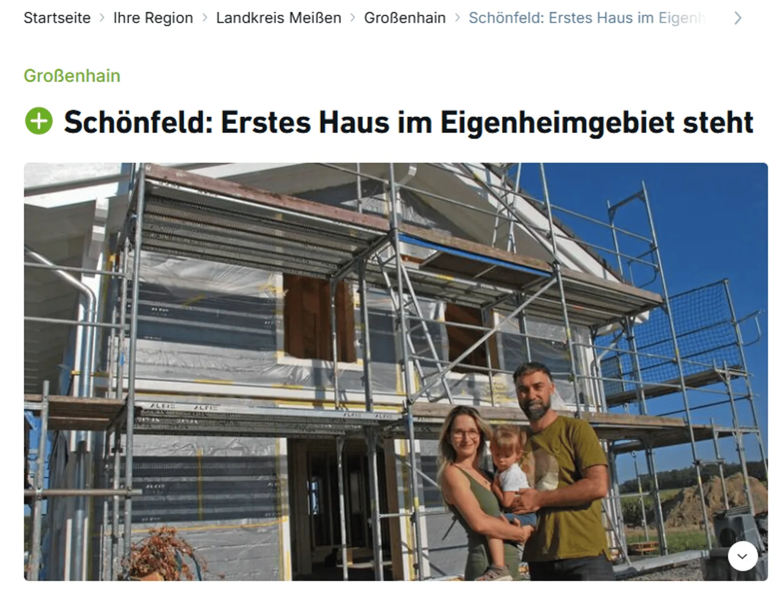 Beitrag der Sächsischen Zeitung: Schönfeld: Erstes Haus im Eigenheimgebiet steht